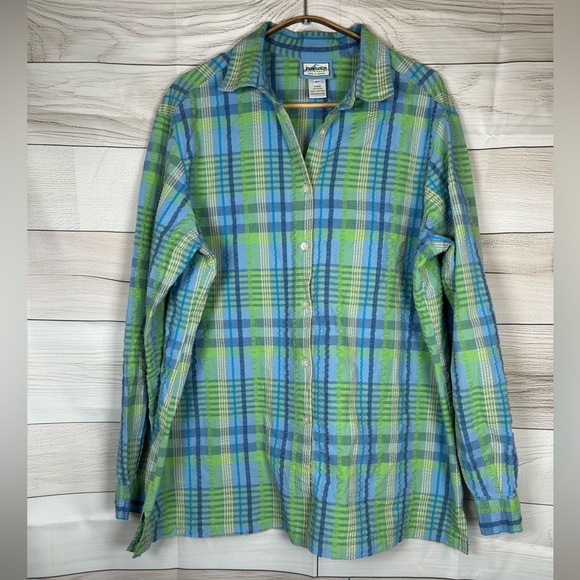 Vintage Pendleton Blue and Green Plaid Seersucker Long SleeveShirt. Size XL - Picture 1 of 8
